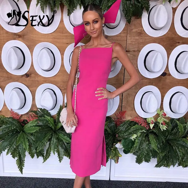 

Gosexy New Skinny Straps Square Neckline Oversized Bowknot Detailing Women Party Double Slit Midi Dress