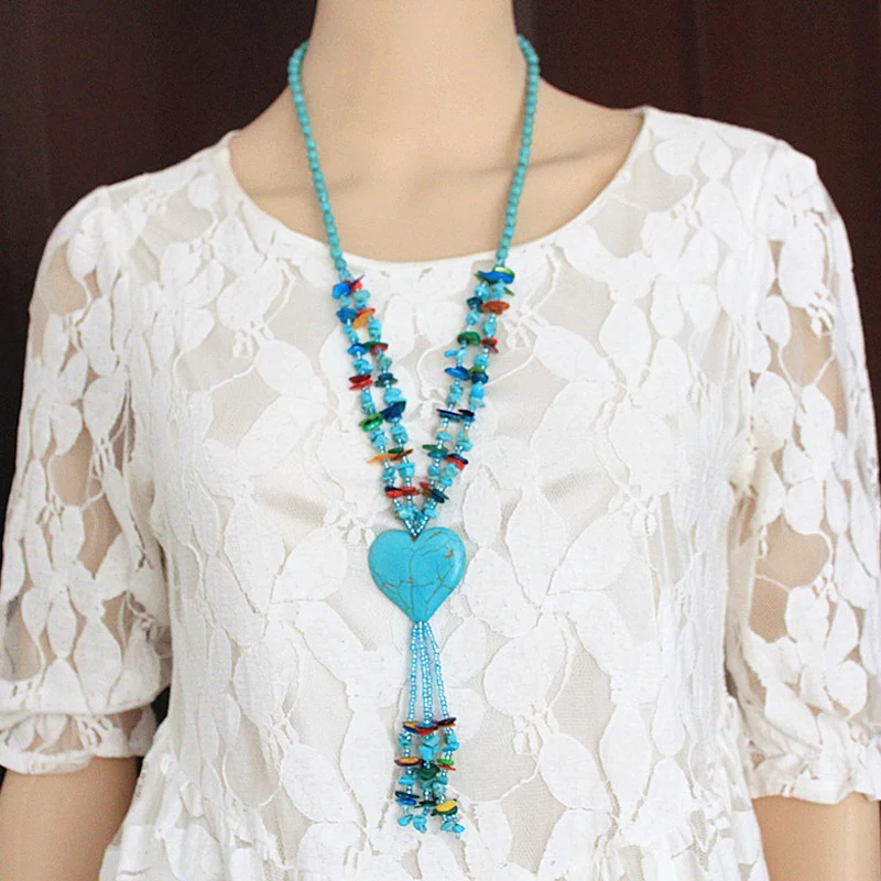 

Olsen Twins Long Blue Stone Beads Strand Heart Pendant Tassel Necklaces for Women Costume Jewelry Dropshipping