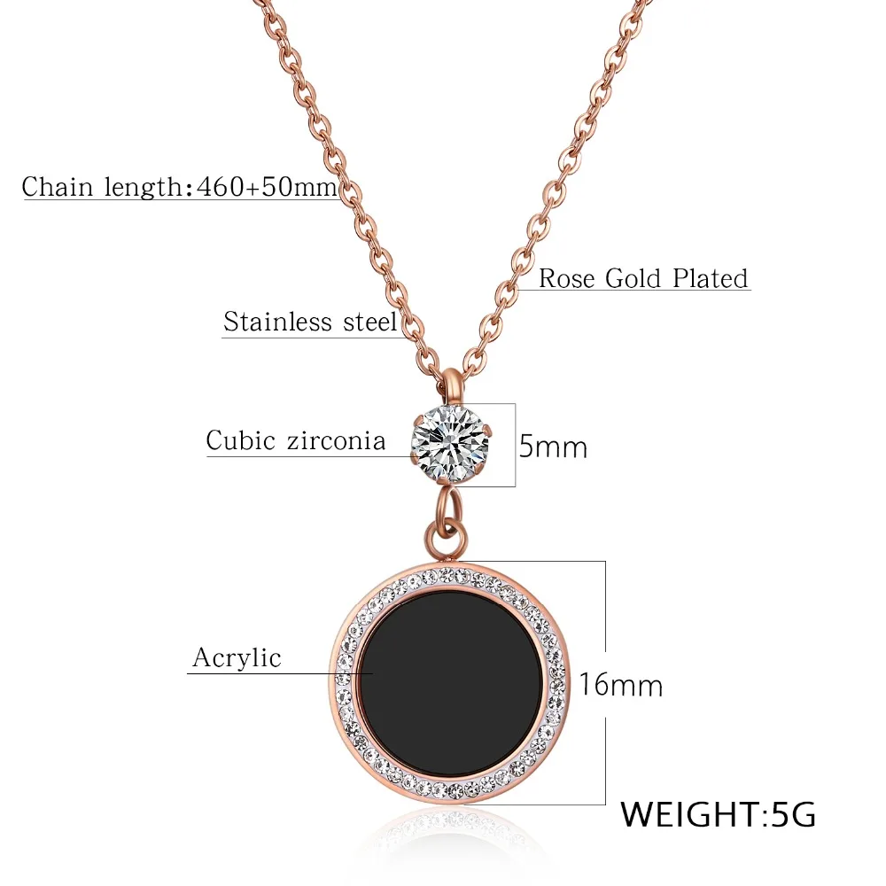 

Charm black Round inlay CZ Pendants Necklaces For Women Trendy Rose Gold Color Stainless Steel Chain collar Jewelry Gift.QL1466