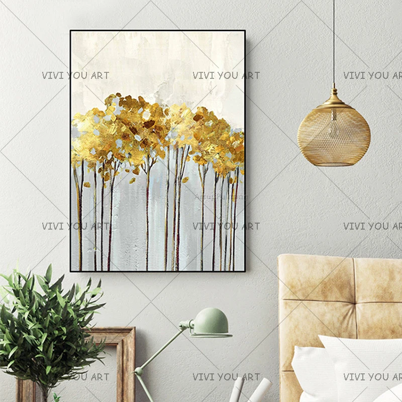 

2018 New 100% Hand Painted Abstract Gold Art Wall Picture Handmade Golden Tree Canvas Oil Painting For Living Room Home Decor