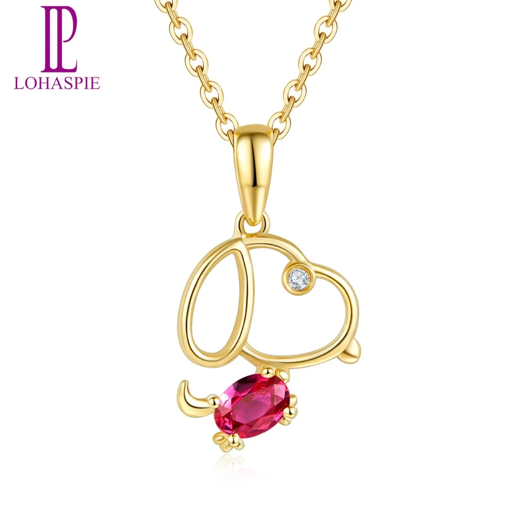 

Lohaspie Diamond-Jewelry Natural Gemstone Ruby 18K Yellow Gold Puppy Pendant Cute Animal Jewelry Engagement July Birthday Gift