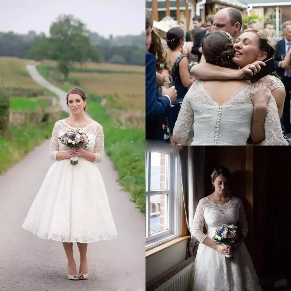 

Vestido De Nova 2019 Modern Lace Wedding Dresses Tea Length Long Sleeves Back Cover Button Plus size Beach Wedding gown