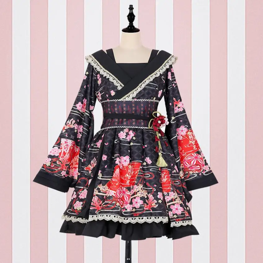 Японское платье лолиты модное Брендовое платье Питер Пэн с воротником и вышивкой женское тонкое кружевное платье kamono с бантом wj1509