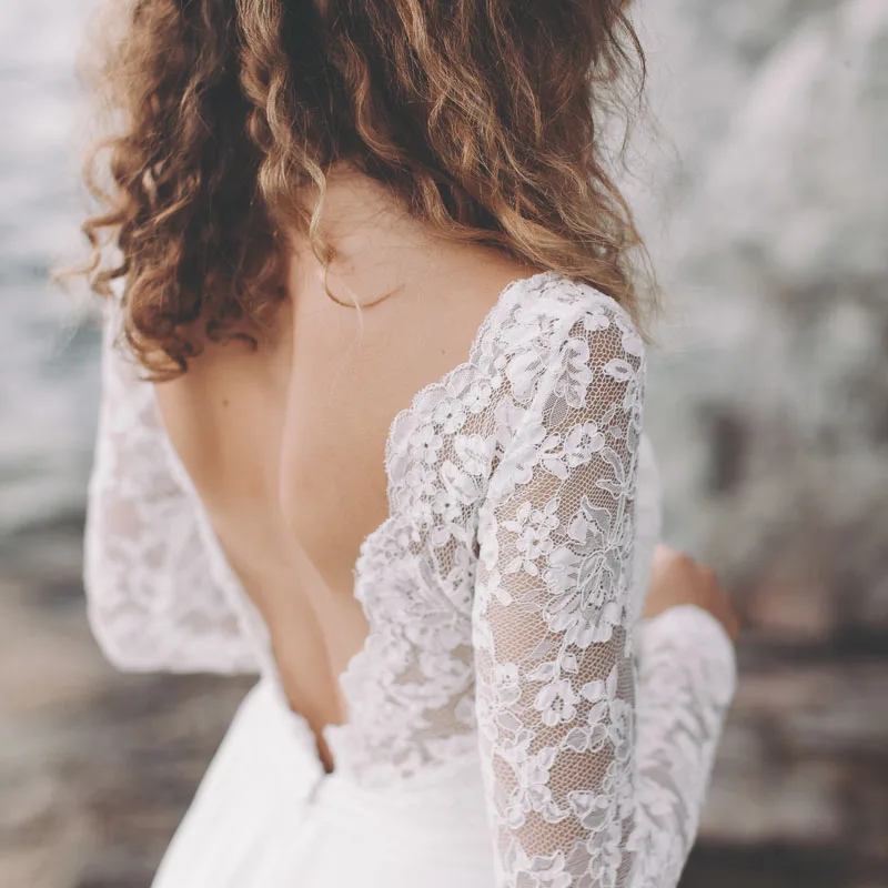 

LORIE Lace Wedding Dress Long Sleeve Boho V Neck Open Back Beach bridal dresses 2018 Chiffon Skirt Princess Vintage Wedding Gown