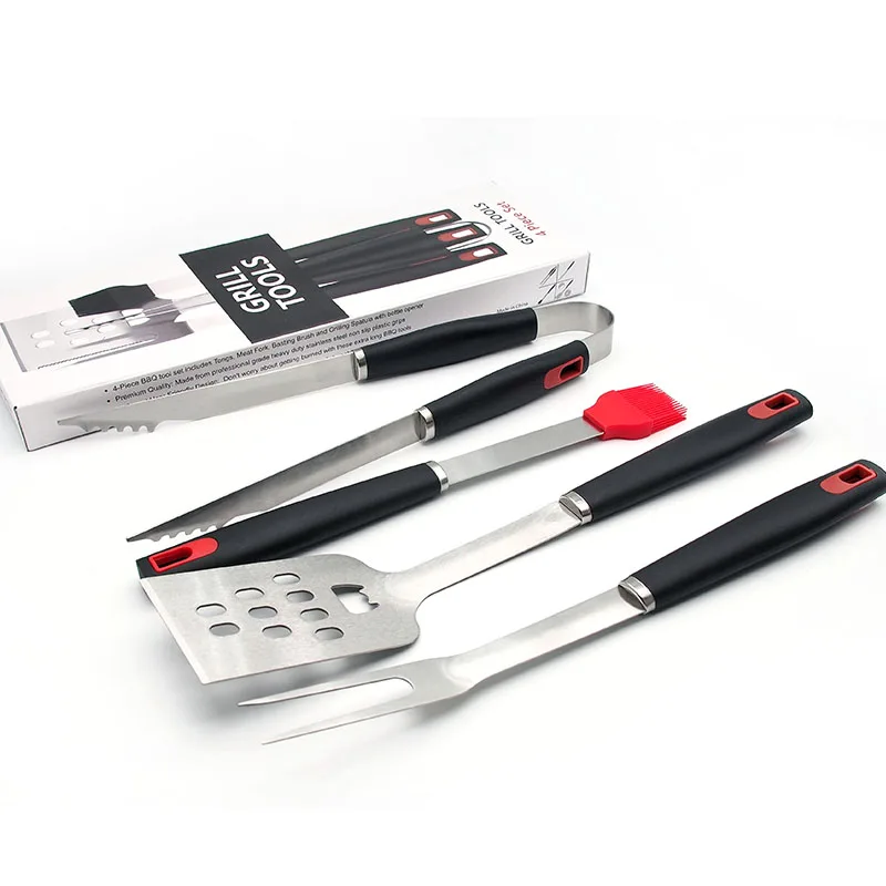 4pcs/set Barbecue Set Grilling Tools Stainless-Steel BBQ Tools for Spatula, Tongs, Fork, and Basting Brush Cooking Kit