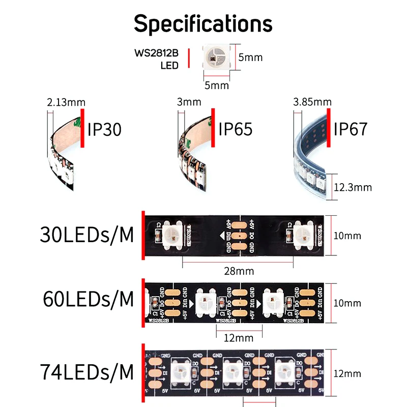 WS2812B Светодиодная лента 5050 RGB Водонепроницаемая ledstrip ws2812 5M программируемая мечта