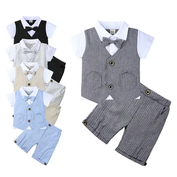 

WASAILONG Children's clothes gentleman England suit summer infant short-sleeved handsome two-piece men's cotton shirt + bow tie