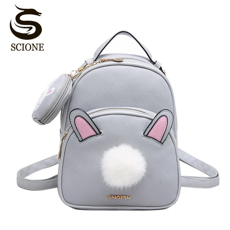 

Korean Harajuku Backpack Cute Rabbit Ears Female Bag 2PCS Backpack Set Kawaii PU Leather Bag Pack + Small Bags with Fur Ball