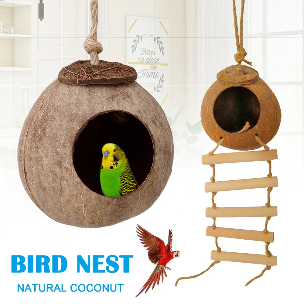 C:Coco Cage Perch Toy Hypeety Pet Bird Breeding Nest Coconut House Swing Ladder Toys Parrot Parakeets Finches Hamster House Natural Nest Lovebird Cage Hanging Swing Perch 