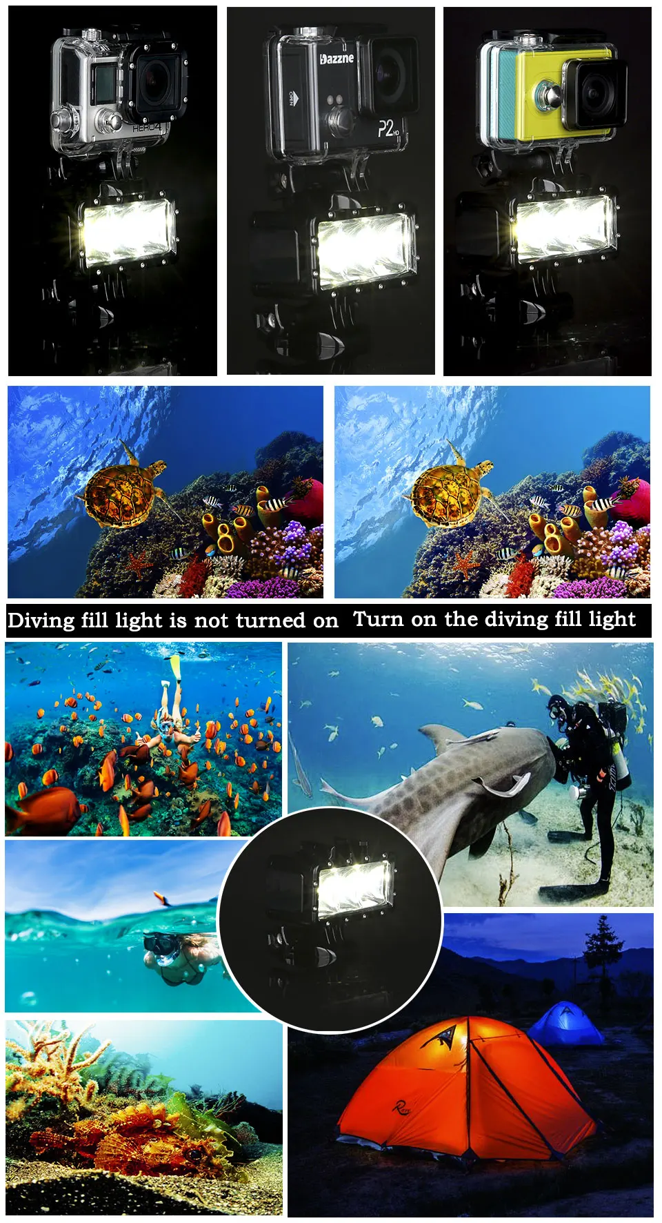 Orsda светодиодный светильник-Вспышка водонепроницаемый подводный заполняющий светильник Дайвинг видео светильник s Крепление для GoPro SJCAM SJ4000 H9 H9R xiaomi yi OR007