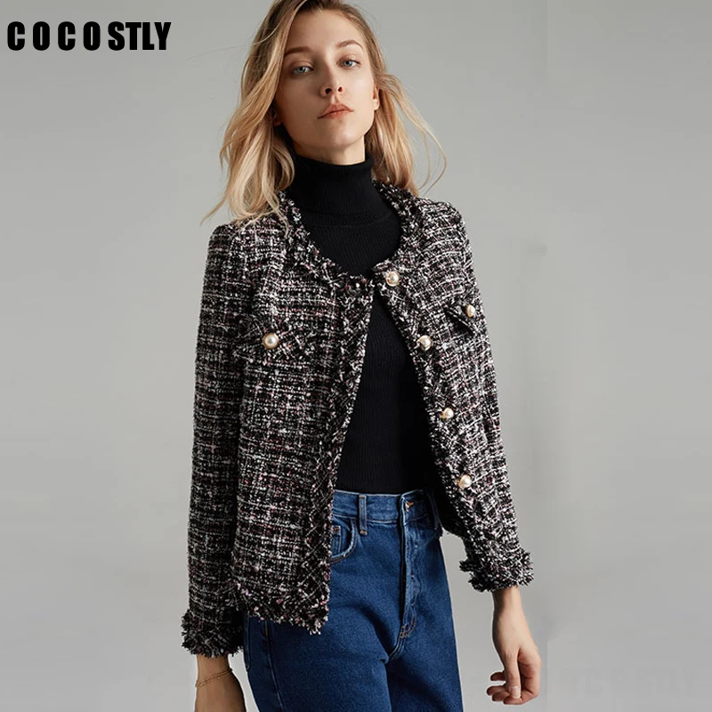 

Handmade Luxury Tweed Jacket Suits for Women Fashion Lattice Tweed Tassel Pearl Button Short Jacket Coat