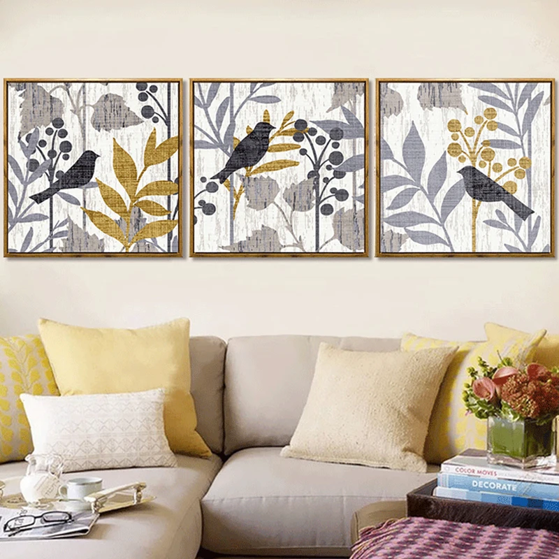 

HAOCHU Home Wall Triptych Pictures Rural Landscape Bird Leaves Cartoon Canvas Painting Bedroom Studio Study Decor Modern Arts