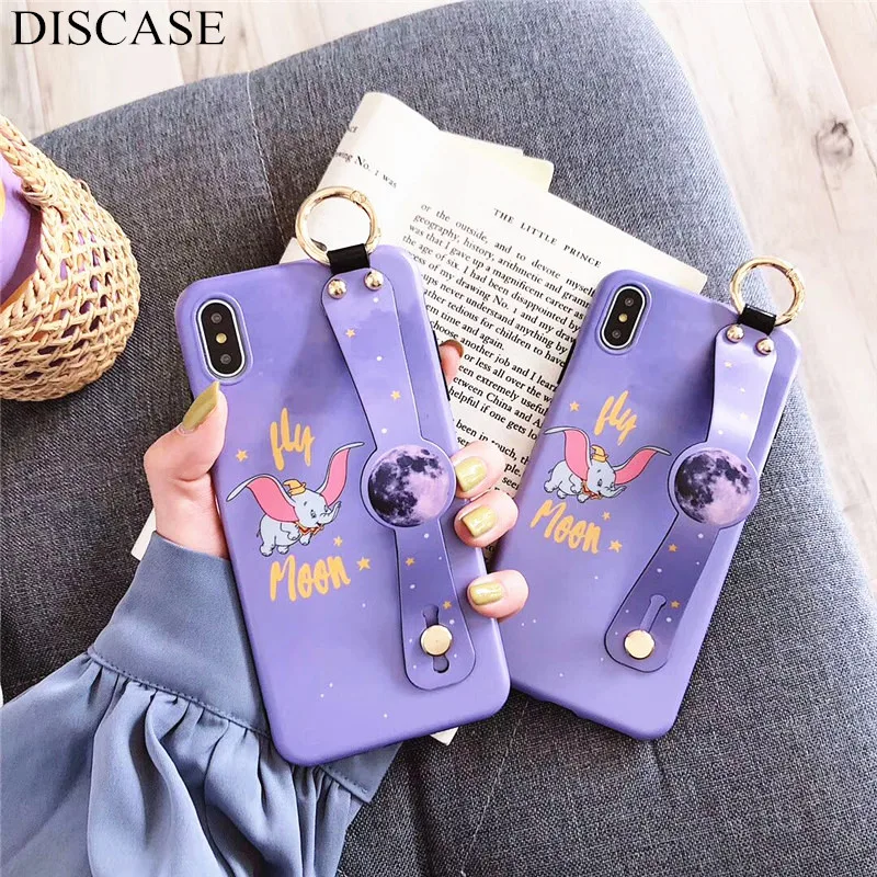 

DISCASE Cute Cartoon Purple Flying Elephant Phone Case For iphone XS MAX XR X 6 6s 8 7plus IMD Matte Soft Bracket Wrist Strap