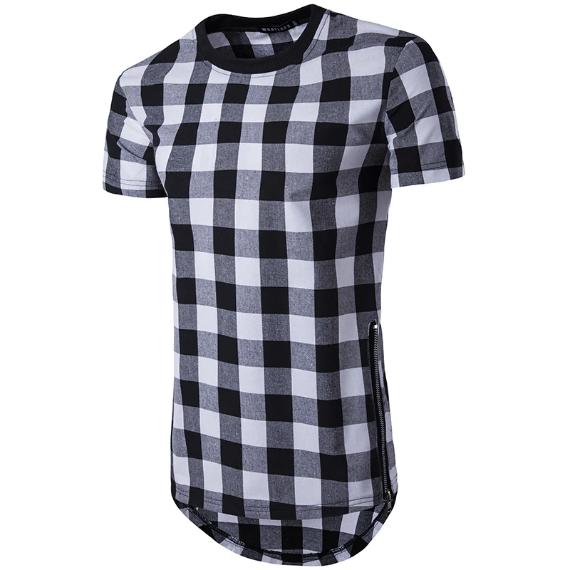 Удлиненная Мужская футболка, маленькая клетчатая Приталенная футболка Homme, летняя мужская футболка с коротким рукавом, Повседневная Уличная футболка в стиле хип-хоп