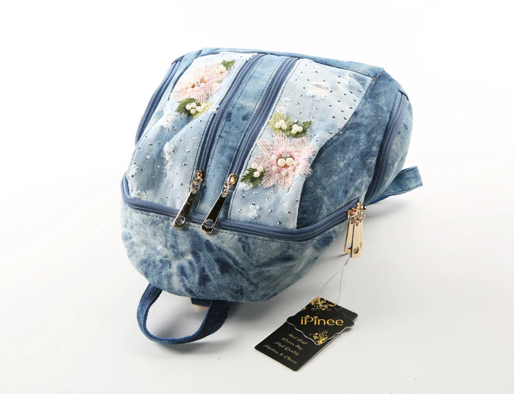 IPinee Модные женские рюкзаки для девочек с цветочной вышивкой, Джинсовые Сумки для подростков, школьная сумка, дорожная сумка, Женский ранец