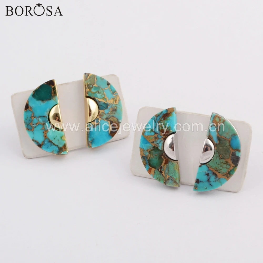 

BOROSA 5Pairs Crescent Gold/Silver Electroplated Copper Turquoises Stud Earrings Semicircle Gems Stone Earrings Jewelry ZG0397