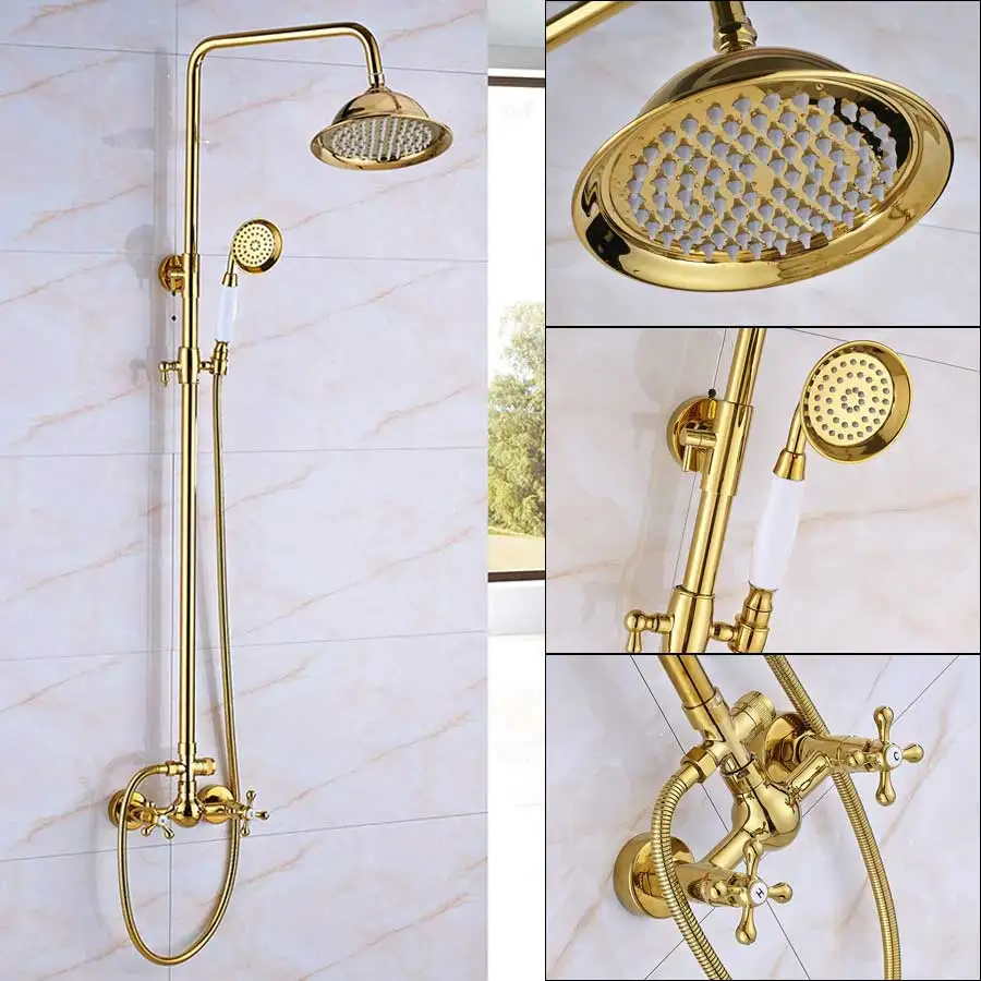 Golden Faucet C Золотой " дождевой Душ Misers настенный двойной ручкой с ручной душ смеситель для душа и ванной кран с регулируемой высотой - Цвет: Golden Faucet C