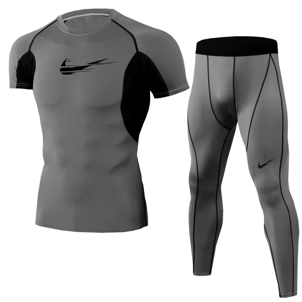 2019 New Fitness Men Sets Pure black Compression Shirts + Leggings Base Layer Crossfit Brand Short sleeve T Shirt Clothing Set