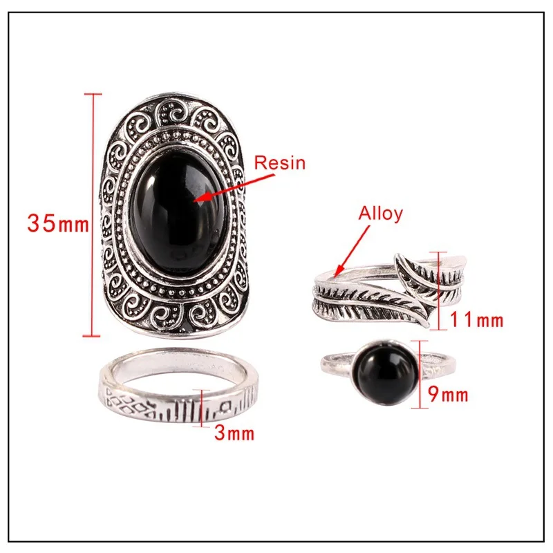 4pcs/set  Fashion Women's Retro Ancient Silver  Palm Hollow Carved black Gem Ring Combination Set Ring Jewelry