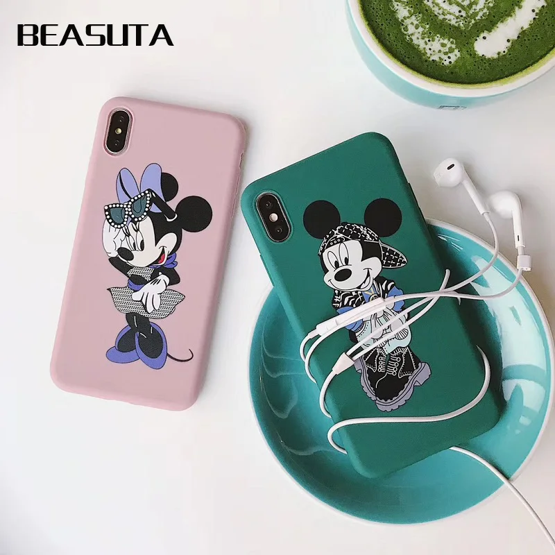 

Cute cartoon Mickey Minnie matte Phone Case For iPhone XS MAX XR X 8plus 7Plus Soft TPU pink Cover For iPhone 7 8 plus case