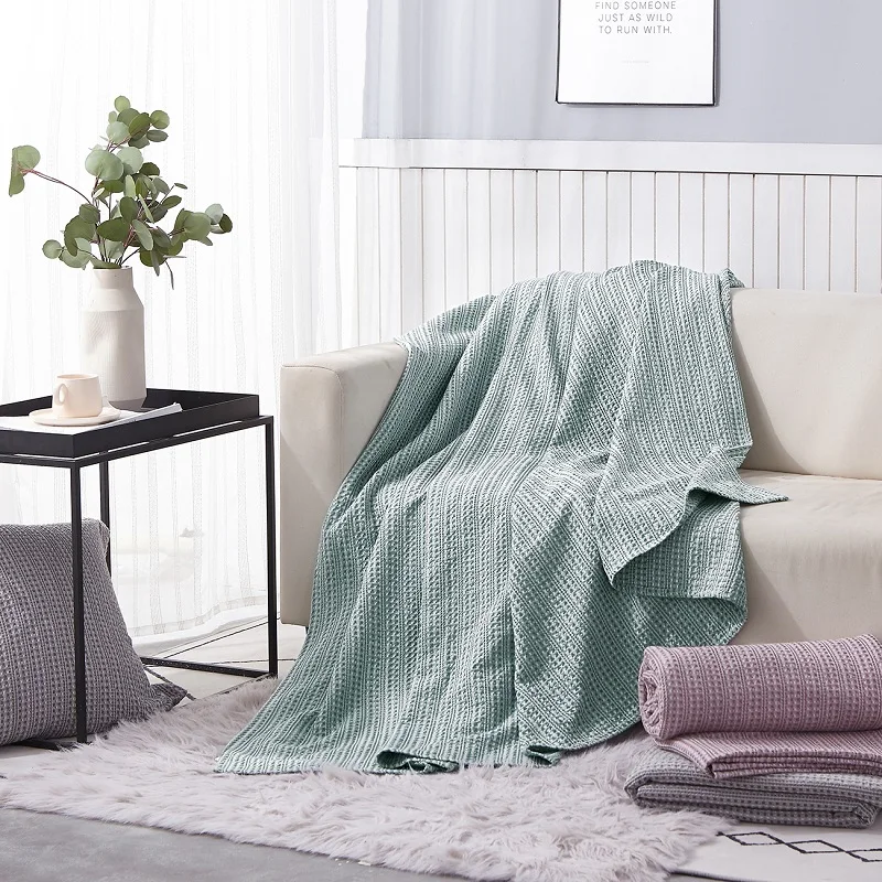 

PHF 100% Cotton Bed Blanket Yarn Dyed Waffle Weave Lightweight Breathable Soft Bed Home Decor Green purple Grey King Queen Size