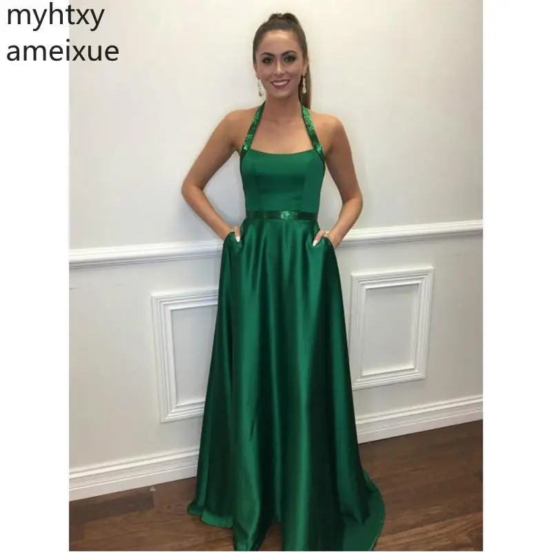 

Simple 2019 Sexy Evening Dresses Halter A-line Stain Prom Dress Evening Floor Length Sleeveless Gowns Custom Made Robe De Soiree
