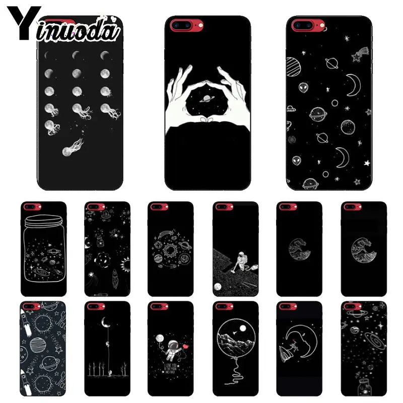 

Yinuoda black with white moon stars space astronaut Silicone Phone Case for iPhone 6S 6plus 7 7plus 8 8Plus X Xs MAX 5 5S XR