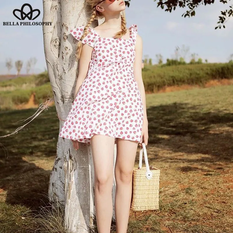 2019 Short Sleeve Sexy Mini Dress Vintage Strawberry Print Female Square Collar Boho Dress Holiday Lady Beach Dress Wonder Store