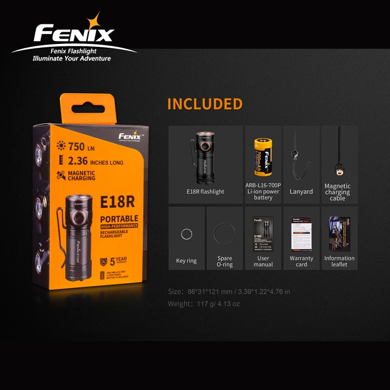 Портативный Fenix E18R Cree XP-L светодиодный высокопроизводительный перезаряжаемый EDC фонарик с бесплатной батареей