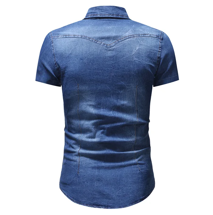 Мужская джинсовая рубашка, летняя Новинка, модная джинсовая синяя рубашка с двойным карманом, дизайнерская Повседневная обтягивающая с короткими рукавами, рубашка, Размер 3XL