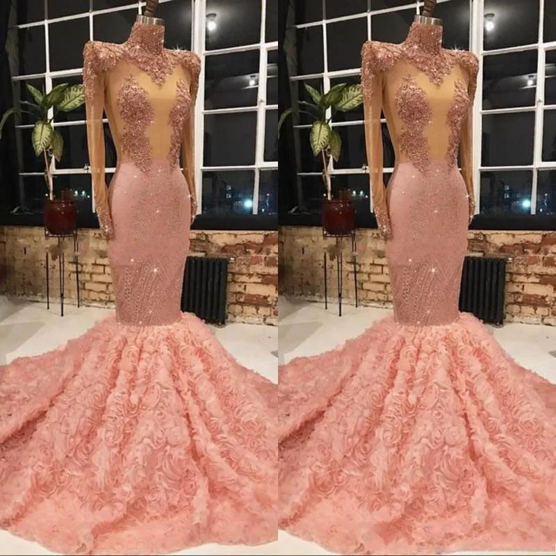 

Hot Sale Mermaid Prom Gowns High Neckline Long Sleeve Rose Flower Train Formal Dress Illusion Lace Appliques Evening Party Dress