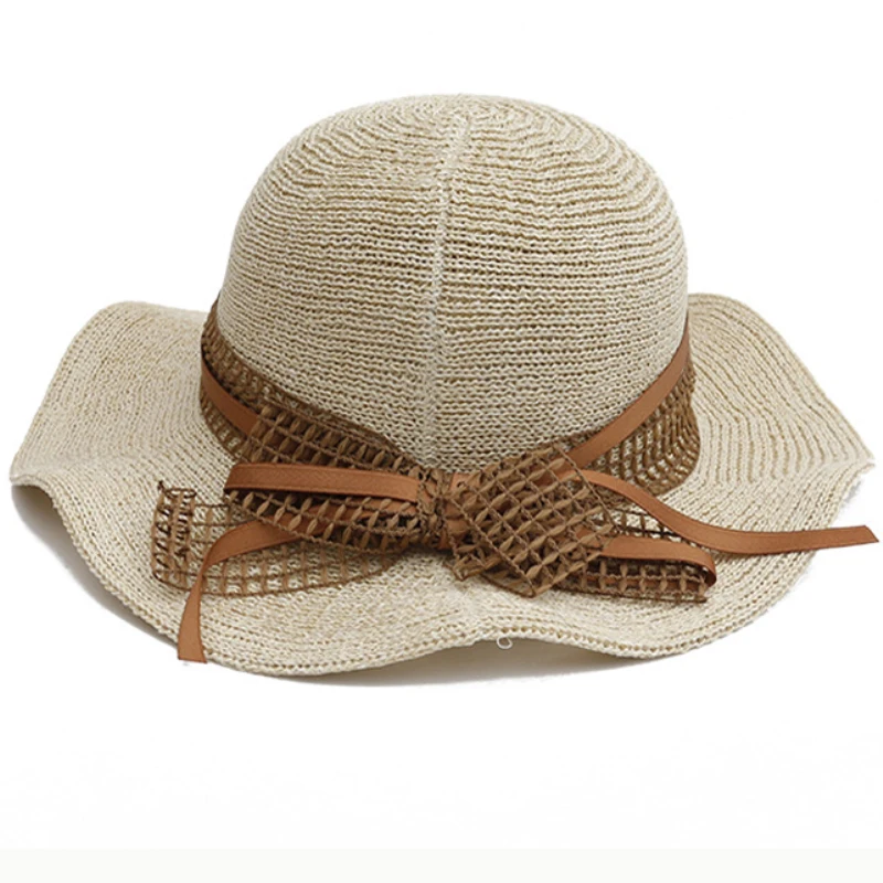 HT2535 женские шляпы на весну-лето, женские вязаные шапки для женщин, однотонная шляпа-ведро с бантом в Корейском стиле, Соломенная пляжная
