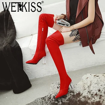 

WETKISS Winter Leopard Print Women Boots Pointed Toe Footwear Over The Knee Lady Boot Transparent Unusual High Heels Shoes Woman