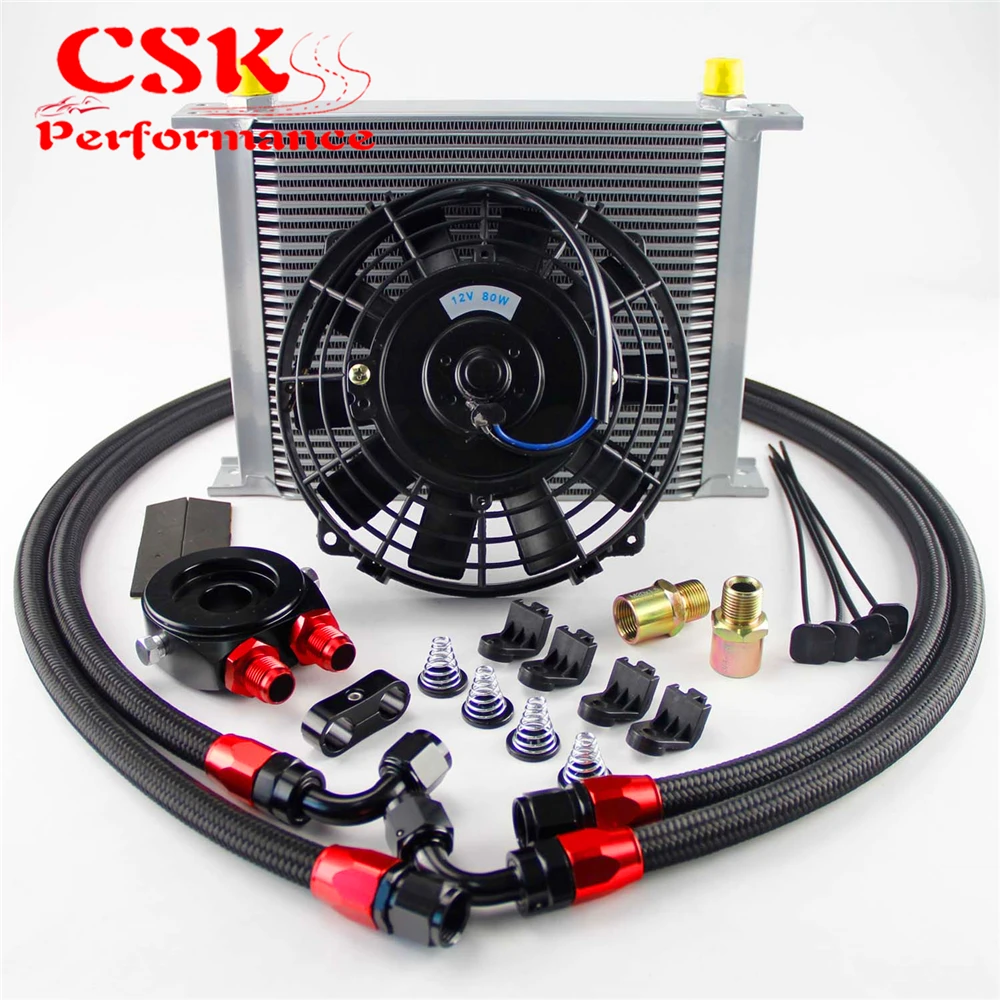 Universal 30 Row Engine Transmission AN8 Oil Cooler Kit+7" Electric Fan Kit Blue/Black |