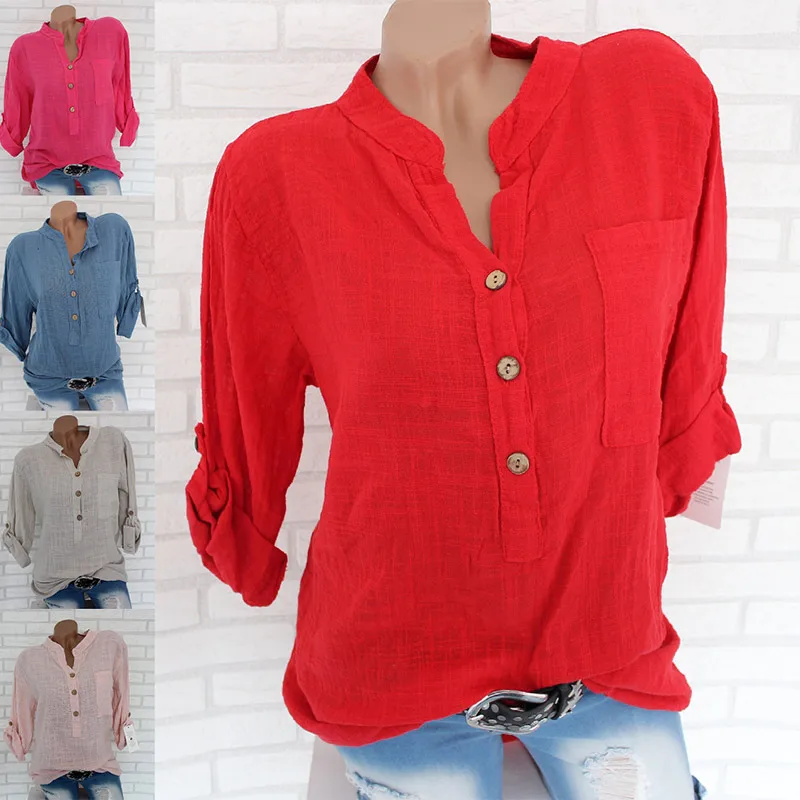 Womens Cotton Linen Stand Collar Shirt Blouse Plus Size 5XL White Solid Pocket Womens Shirts 2020 Spring Loose Blouses Female Womens Cotton Linen Stand Collar Shirt Blouse Plus Size 5XL White Solid Pocket Womens Shirts 2020 Spring Loose Blouses Female