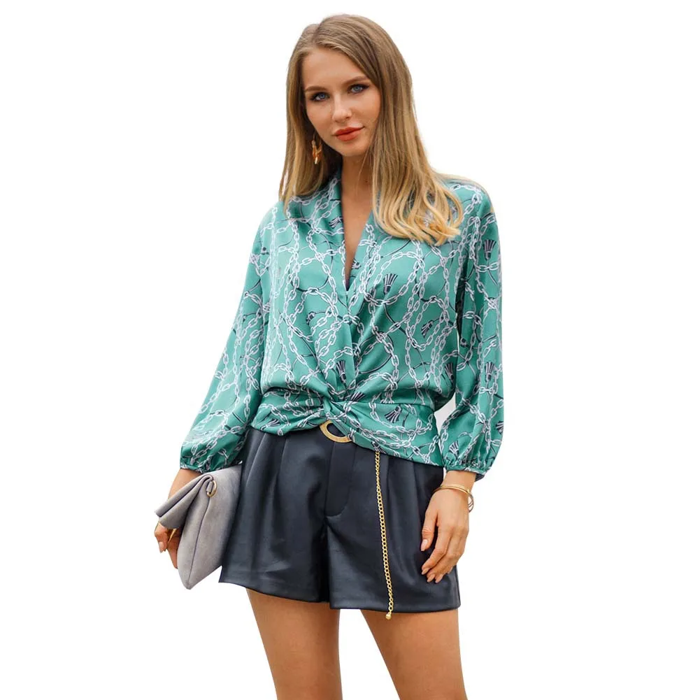 

QPFJQD Women Long Sleeve Cross V Neck Chain Printed Tops Female Sexy Slim Body Blouse Shirt Ladies Casual Blusas Spring Summer