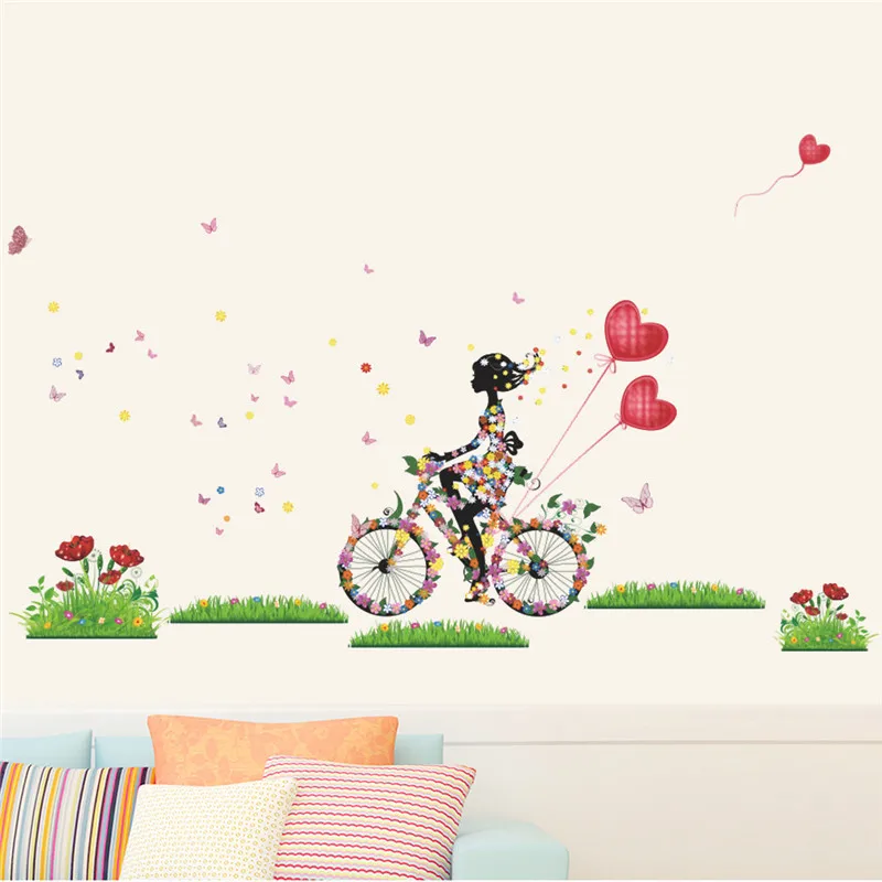 Fairies Girl Cycling In The Garden Wall Sticker For Kids Rooms