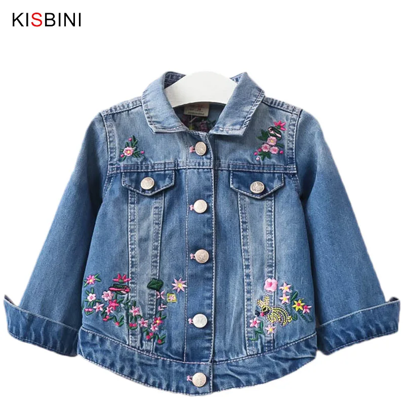 

KISBINI 2018 Autumn Fashion New Embroidery Flowers Girls Cowboy Jacket Vintage Long Sleeve Children Jeans Coat Girls Outwear 1PC