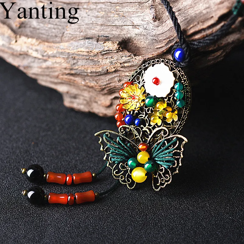 

Yanting Sweater Necklace For Women Long Rope Chain Copper Alloy Butterfly Natural Stone Shell Flower Ethnic Statement Necklaces