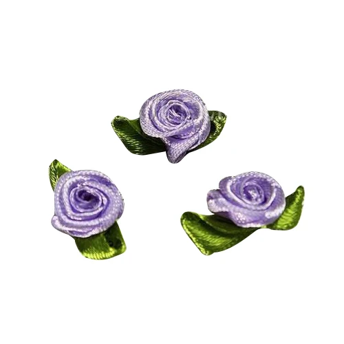 

100 Pcs Mini Satin Ribbon Rose Flower Leaf Wedding Decor Appliques Sewing DIY Color:Purple