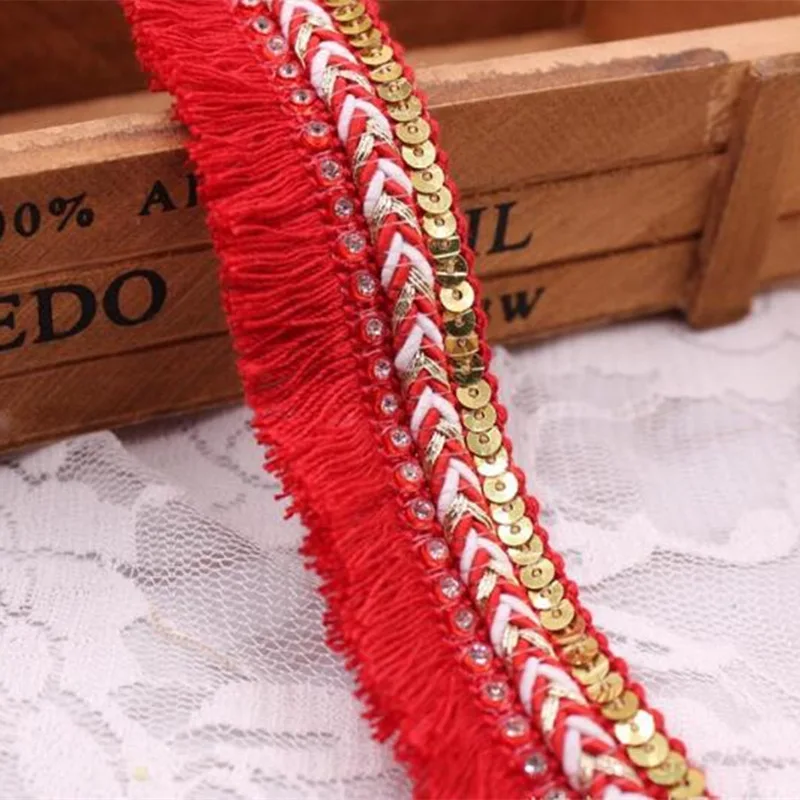 Хлопок бахрома кисточка отделка кружево лента шнур плетеный блесток Стразы для шитья простыни DIY одежда шторы аксессуары отделка - Цвет: Red  LS-054