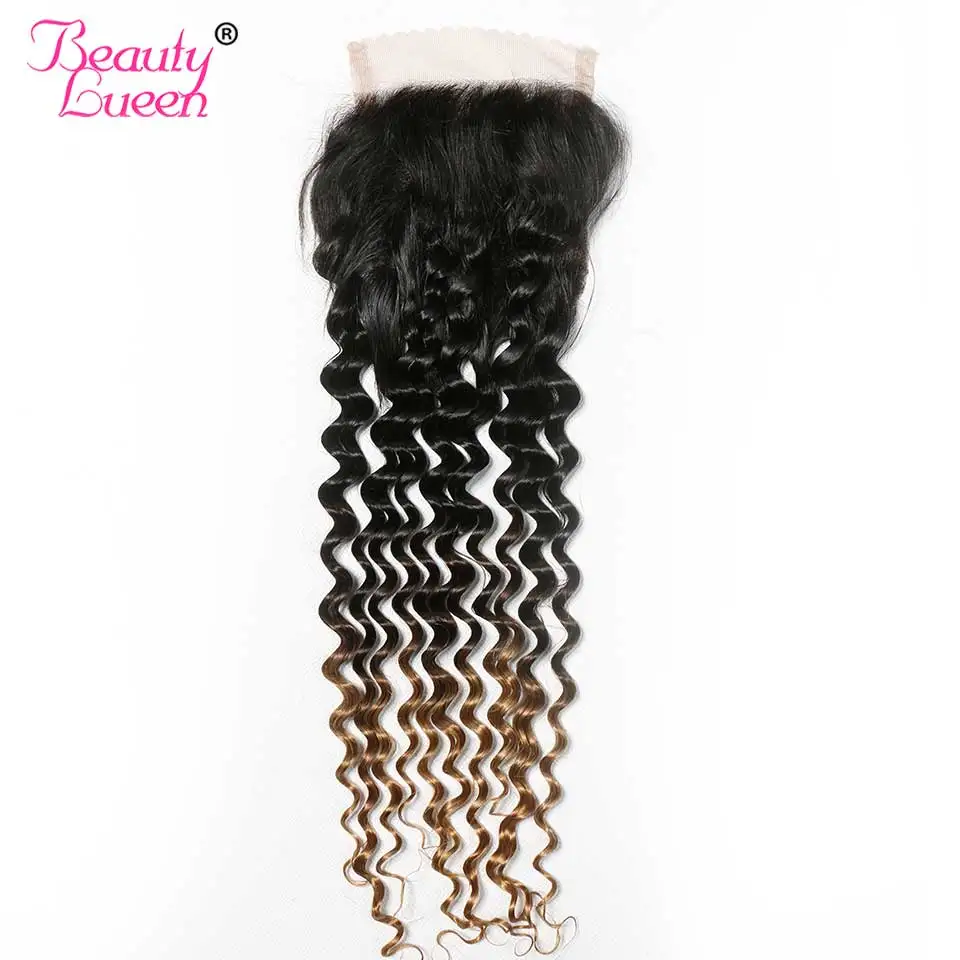 

Ombre Brazilian Hair Deep Wave Closure T1B/4/27 Ombre Human Hair Weave Exthension Three Tone Hair Non-Remy Hair