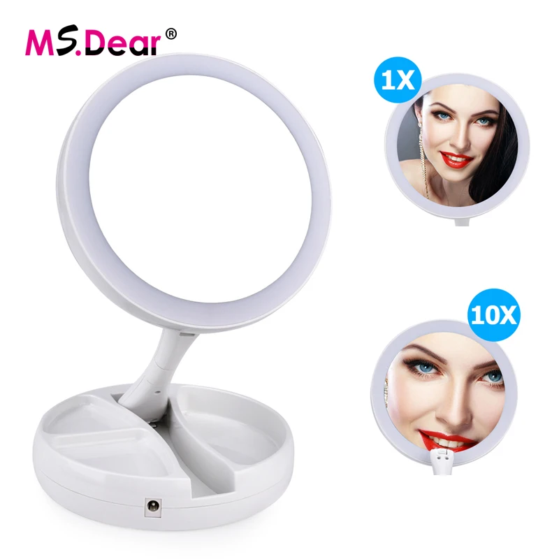

Folding LED Makeup Mirror Double-sided Rotation USB Lighted Vanity Mirror Touch Screen Portable 10X Magnifying Tabletop Lamps