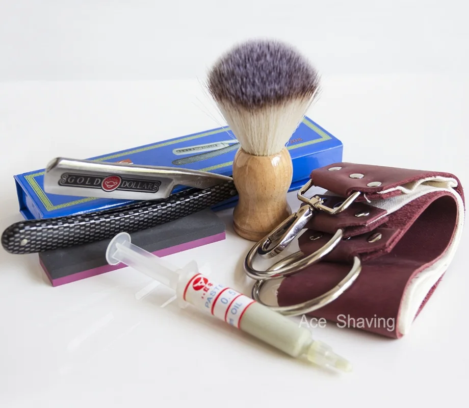 Barber Shaving Set Folding Knife Straight Razor Blade Sharpening Paste Leather Strop Stone Beard Brush - Цвет: Items in the picture