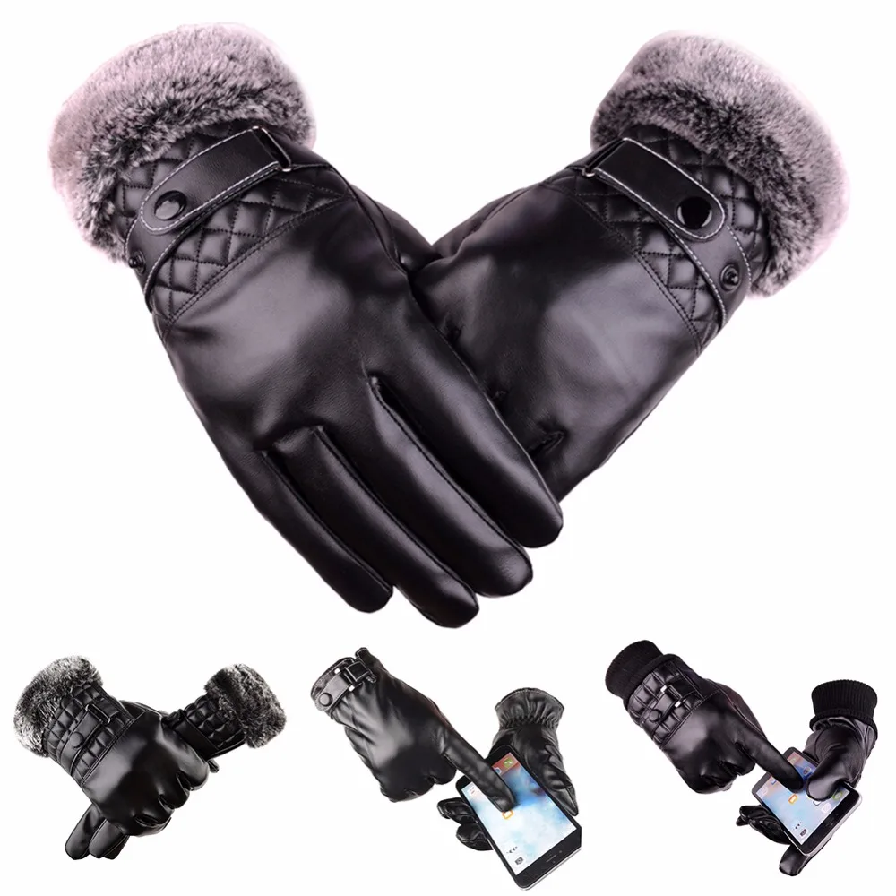 

Men's Winter Motorcycle Riding Gloves Touch Screen Warm Gloves Fleece Lined PU Gloves Outdoor Cycling Windproof Cold-proof Glove