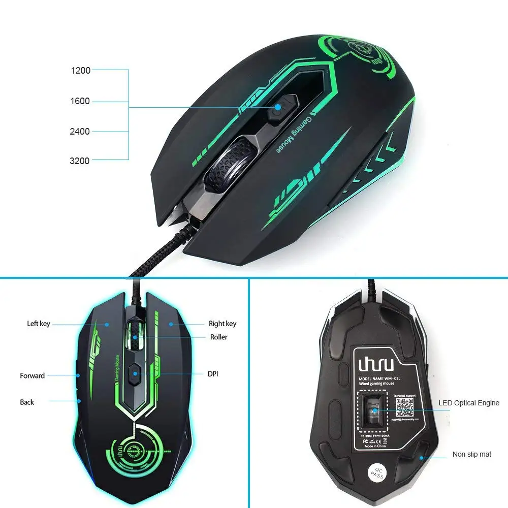 Игровая проводная мышь UHURU 7 цветов светодиодная с 6 кнопками 1200/1600/2400/3200 DPI