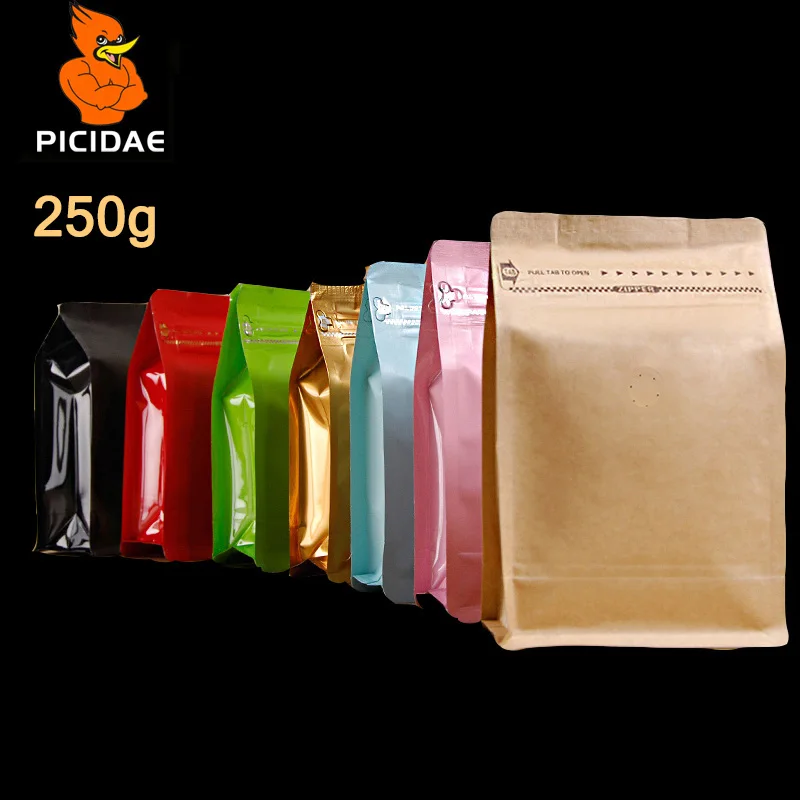 

250g Grains Nut Snack Coffee Chocolate Food Packing Bag Half Pound Eight Side Seal Kraft Paper Aluminum Foil Air Valve Stand Up