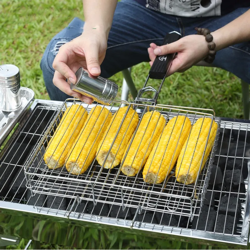 Антипригарная прямоугольная корзина для гриля с ручкой из палисандра, корзина для барбекю, инструменты для барбекю для бургеров, стейки, курица, рыба