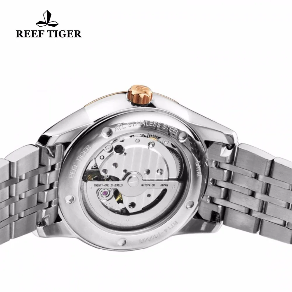 Мужские деловые часы Reef Tiger/RT из нержавеющей стали цвета розового золота с датой