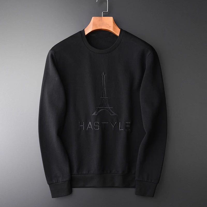 Minglu 100% Cotton Black Sweatshirt Men Fashion Luxury Round Collar Soft Sweatshirt Male Trend Eiffel Tower Embroider Men Hoodie